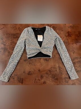 Zara Women's Silver Sequined Patterned Cropped Jacket